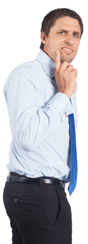 Transparent thinking businessman contemplating chin pose