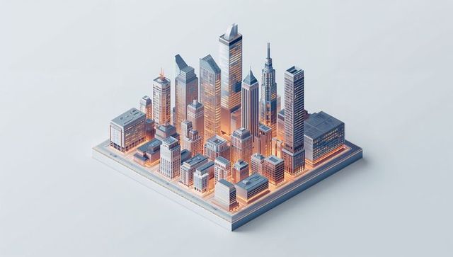 Isometric miniature city diorama with illuminated grid and skyscraper architecture
