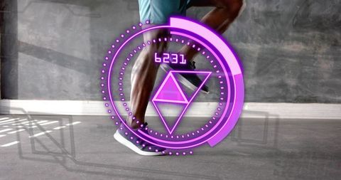 Athlete performing lunge with purple AR fitness HUD tracking reps calories cadence