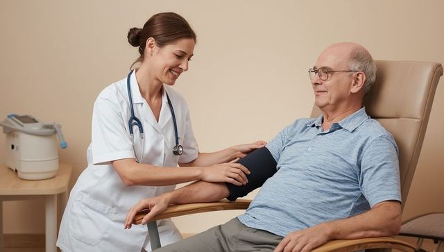 Nurse checking blood pressure of elderly patient at clinic