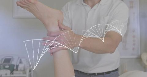 Physical therapist performing ankle mobilization with motion overlay for rehab assessment