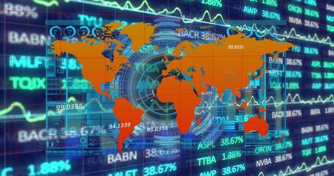 global finance interface with world map and stock market data - Download Free Stock Images Pikwizard.com