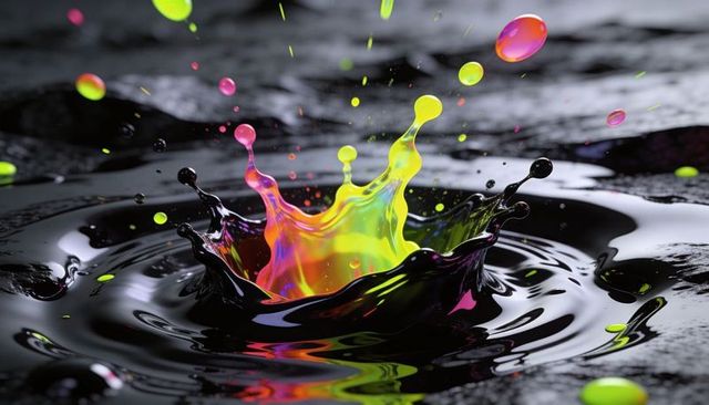 Neon paint crown splash on glossy black surface with vibrant droplets and ripples