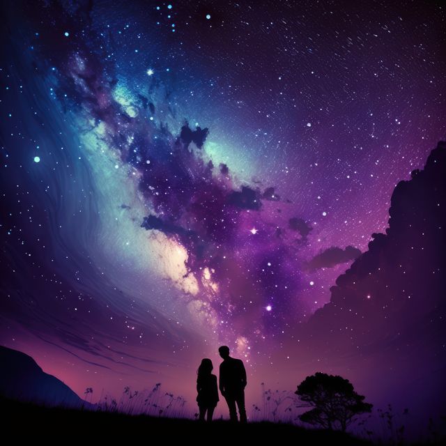 Couple in mountains star gazing at night sky, created using generative ai technology. Stars, space, nature and love concept digitally generated image.
