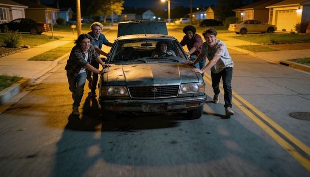 Teenage friends pushing dented sedan down suburban street at night, laughing and helping
