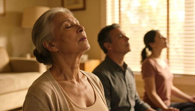 Senior woman leading mindful breathing session with adult family in sunlit living room