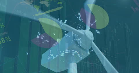 Wind Turbine Animation with Glitch and Financial Charts Overlay