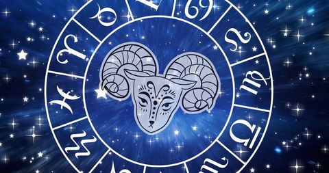 Aries symbol in spinning zodiac wheel with starry background