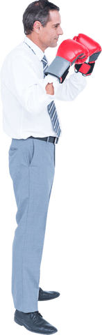 Businessman Wearing Boxing Gloves Side Profile Near Transparent Background