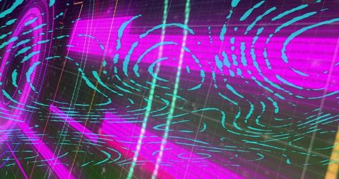 Neon Magenta and Cyan Swirling Light Grid with Contour Waves and Glowing Beams