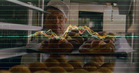 Baker in modern bakery with financial growth overlay