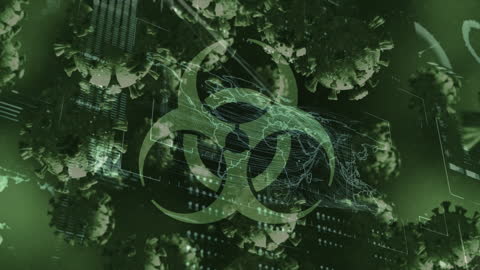 Digital Illustration of Virus Cells with Biohazard Symbol