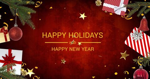 red-themed holiday greeting with text 'happy holidays and happy new year', surrounded by gifts, stars, and pine branches, creates vibrant holiday atmosphere. ideal for greeting cards, seasonal marketing, and festive wallpapers.
