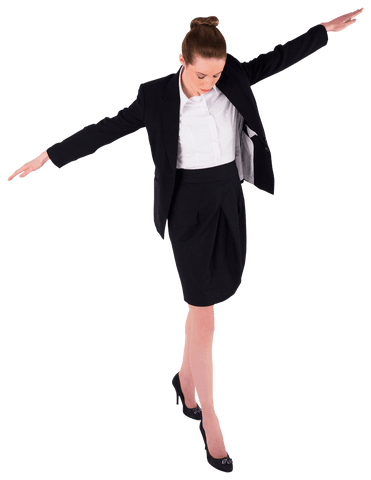 Confident businesswoman balancing in formal suit on transparent background