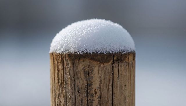 Weathered wooden post holding delicate ice crystal snow cap in winter landscape