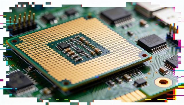 Gold-pad land grid array processor macro on green pcb with circuitry and glitch accents