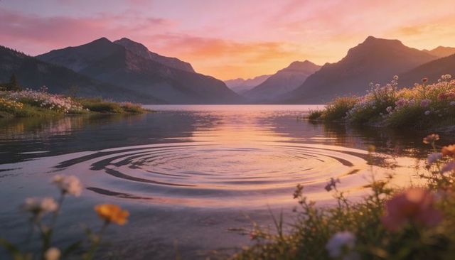 Rippling alpine lake at sunset with wildflower shoreline and mountain reflections