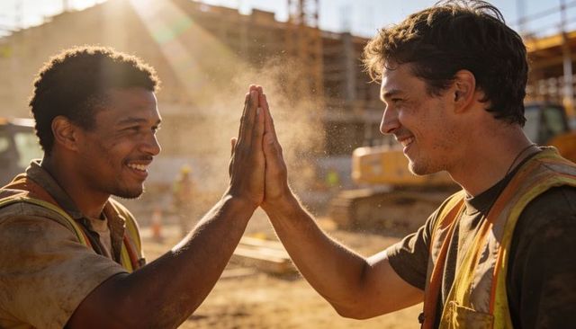 Construction crew high-fiving at sunlit building site demonstrating teamwork and camaraderie