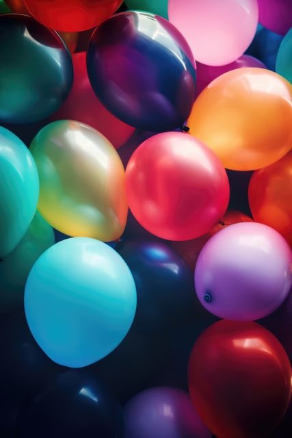 Full frame vertical of colourful party balloons, created using generative ai technology. Celebration and party time, digitally generated image.