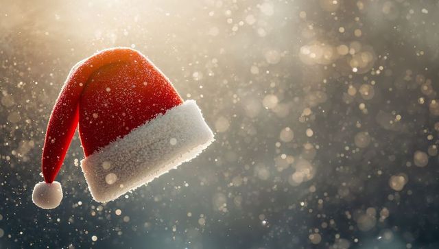 Glowing Santa Hat Floating in Frosty Bokeh Backlight, Festive Red Velvet Winter Headwear