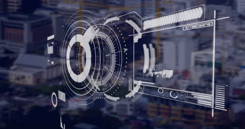 Futuristic HUD Interface Over Cityscape for Data Processing