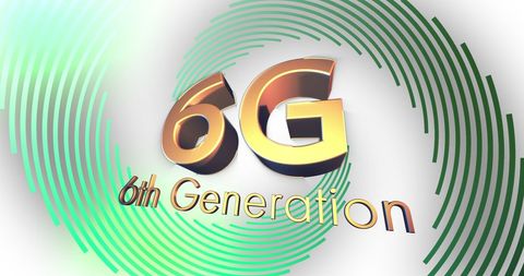 6g technology concept with gold text and green spiral design