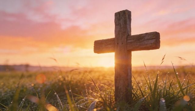 Standing weathered wooden cross glowing at sunrise over dewy meadow
