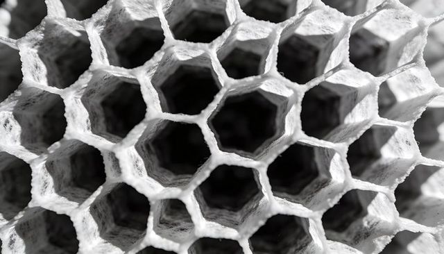 Monochrome macro wasp nest honeycomb with papery hexagonal cells and fibrous texture