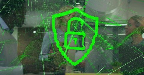 Cybersecurity Collaboration in Modern Office with Digital Shield Overlay