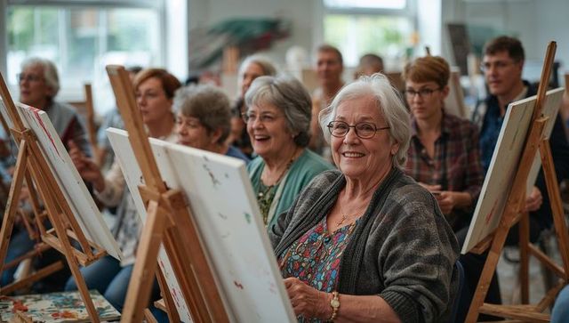 Smiling senior woman painting in art class, enjoying creative hobby