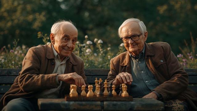 Elderly friends enjoying chess on garden bench at sunset