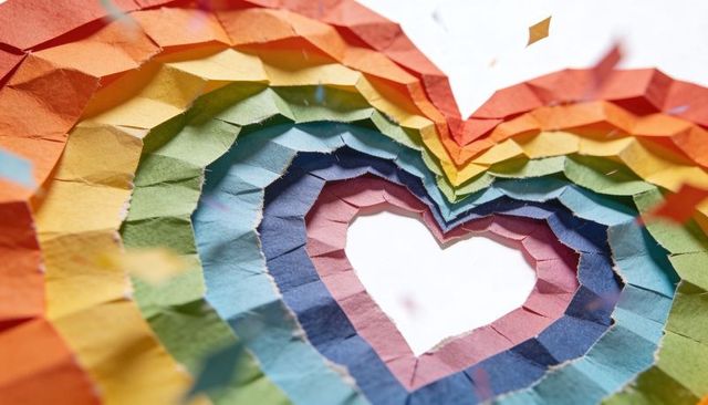 Layered torn rainbow paper forming concentric heart cutout with frayed edges and confetti