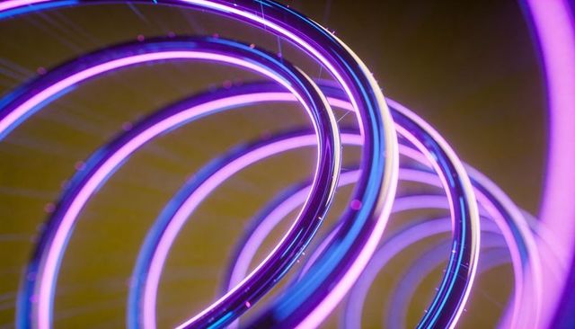 Neon spiral rings glowing in futuristic gallery installation with violet blue led tubes art