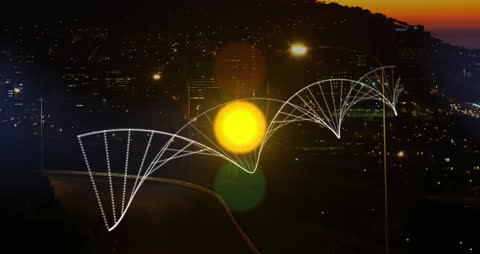 Digital DNA Structure Over Urban Night Skyline