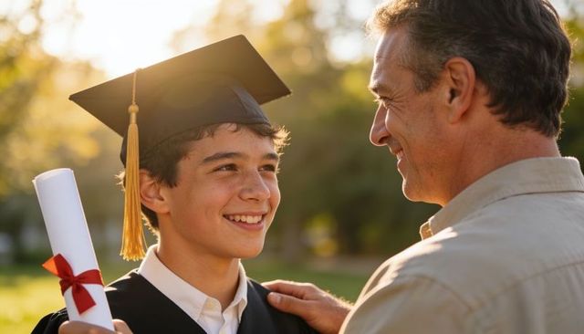 Father celebrating smiling teen graduate holding diploma outdoors backlit graduation moment
