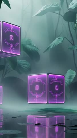 Neon Circuit Cubes Hovering Over Misty Lily-Pad Swamp Vertical Futuristic Ambient Loop