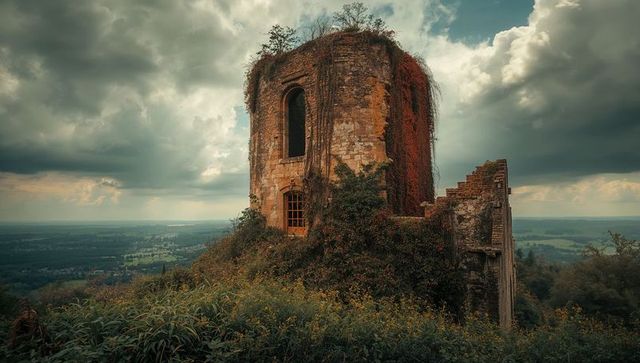 Ancient stone tower overgrown by nature amid scenic hillside