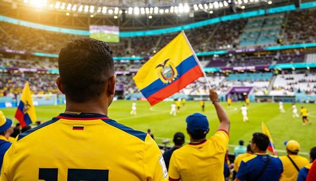 Ecuador fans cheering in yellow jerseys waving national flag at stadium soccer match