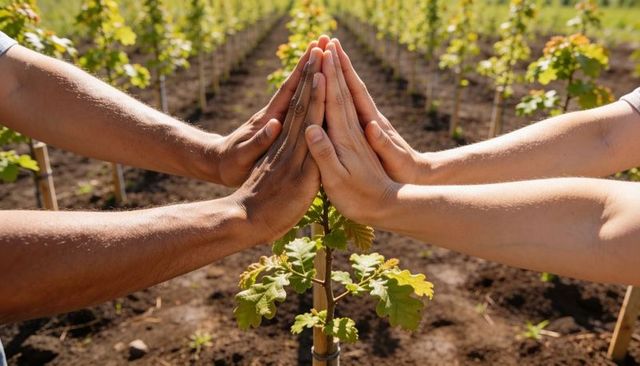 Two pairs of hands sheltering young sapling in vineyard rows symbolizing teamwork, sustainability