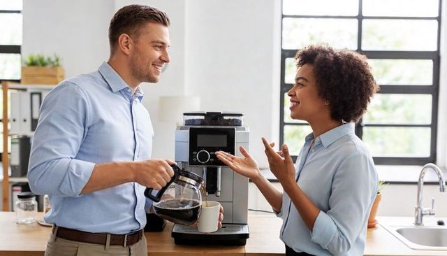 Multicultural coworkers chatting while pouring coffee at office counter friendly break