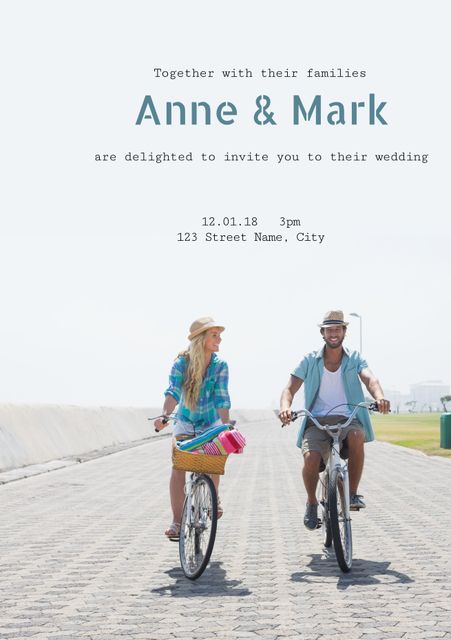 Joyful Couple Riding Bicycles for Wedding Invitation - Download Free Stock Templates Pikwizard.com