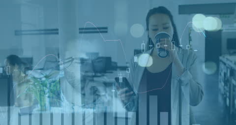 Financial Data Animation Over Business Team in Modern Office