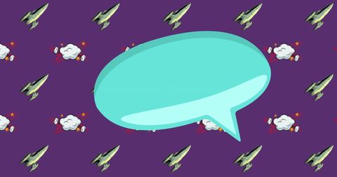 Cartoon Speech Bubble on Rocket and Cloud Pattern Background