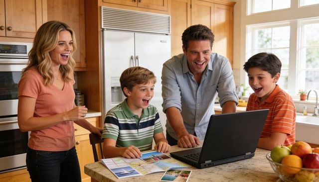 Family planning road trip together around laptop and map on bright wood kitchen island
