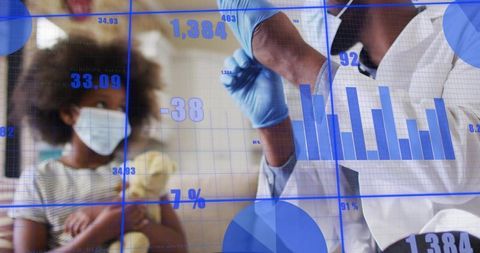 Clinician reaching for swab while masked child with teddy watching, healthcare analytics overlay