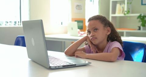 Thoughtful African American Girl Staring at Laptop in Classroom, Remote Learning, Childhood Educatio