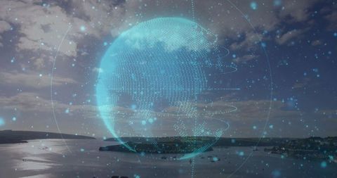 Holographic Earth over Coastal Bay at Dusk Depicting Global Connectivity