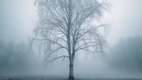 Zooming toward solitary birch tree in frost-covered meadow, revealing misty treeline