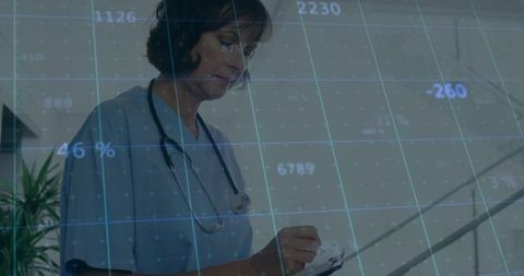 Healthcare Professional in Analysis with Futuristic Data Grid Overlay