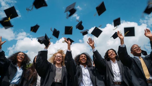 Diverse graduating students throwing mortarboards while celebrating university commencement